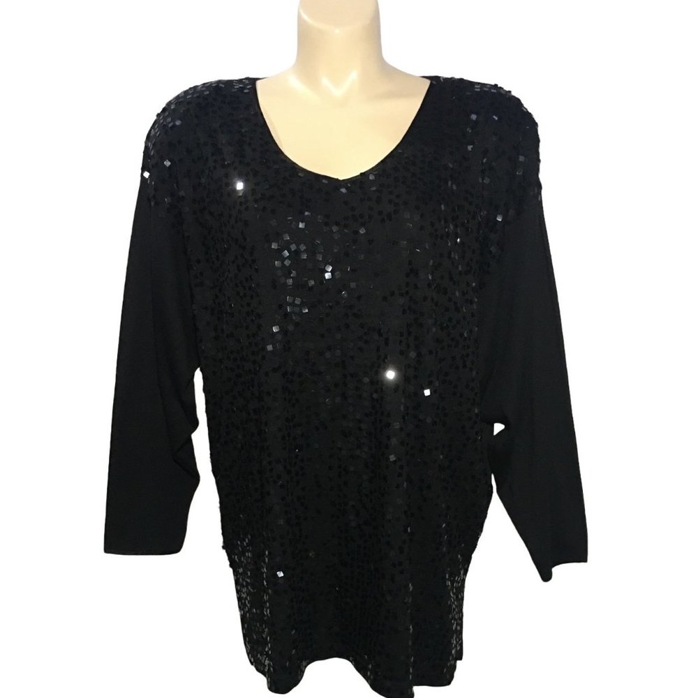 Jacque And‎ KoKo 22 24 Top Tunic Solid Black Square Sequin Front NWT Satin Trim
